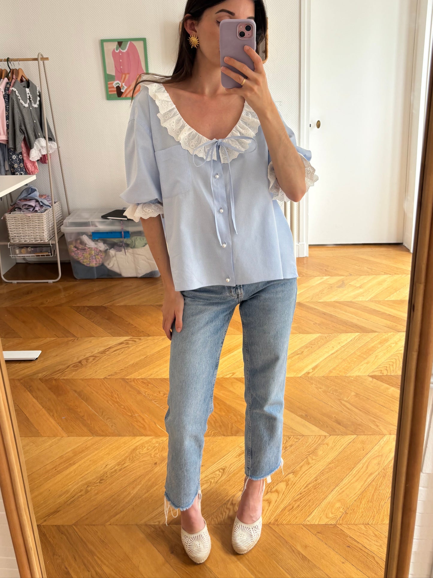 Blouse à froufrou vichy bleu ciel