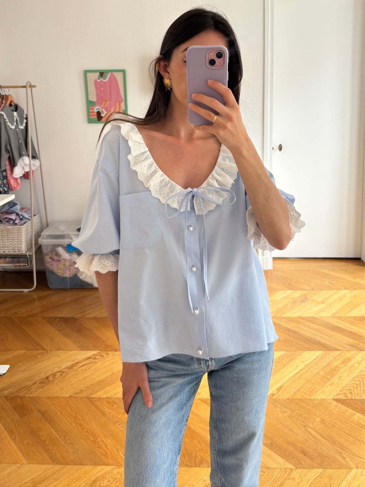 Blouse à froufrou vichy bleu ciel