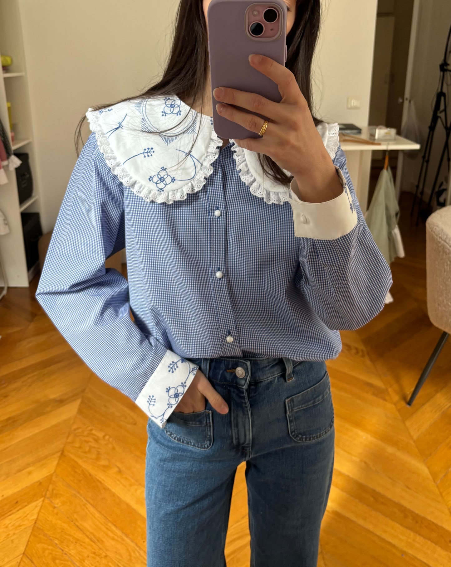 Col XL broderie vintage bleu