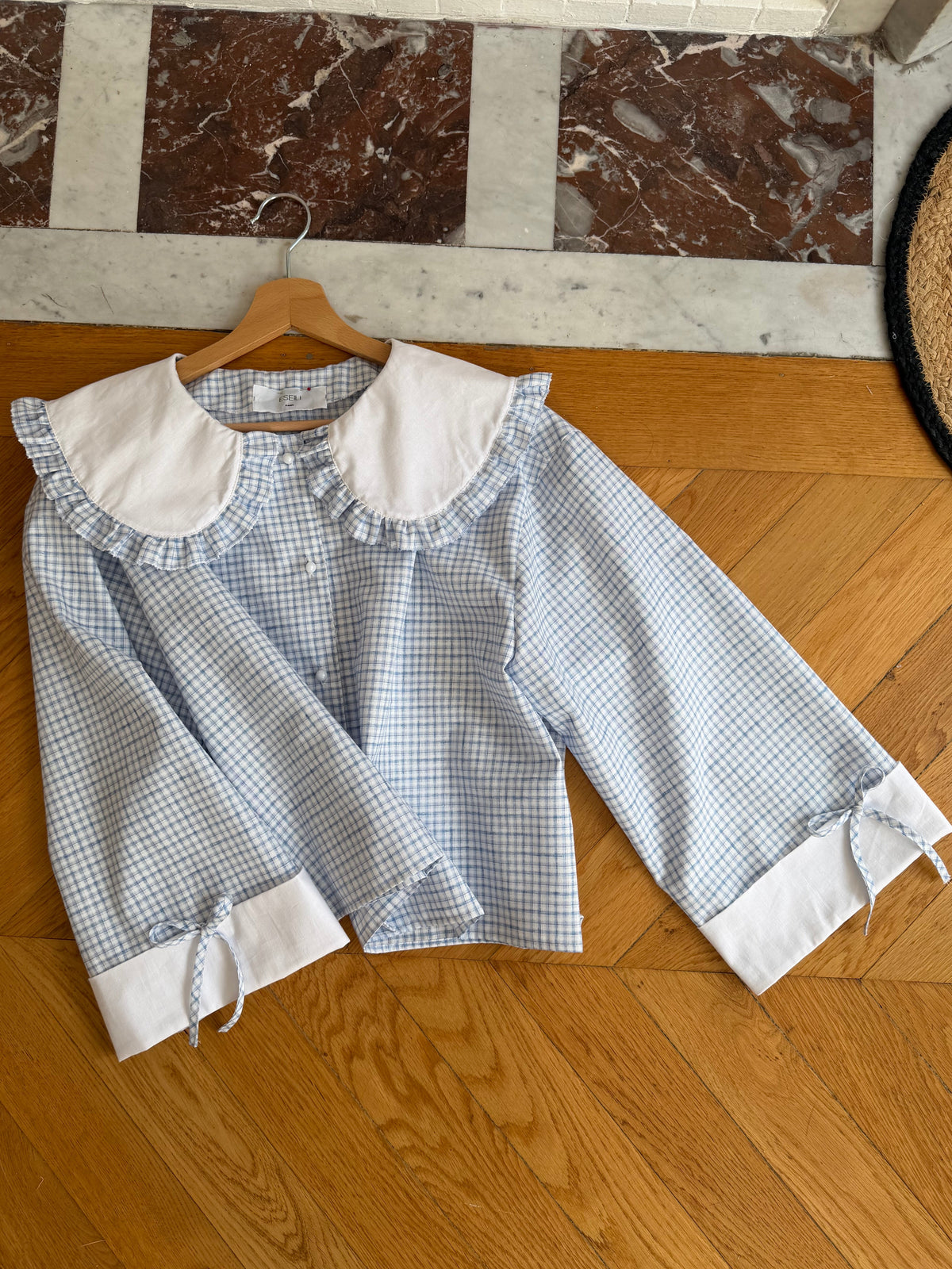 Blouse Solange à col XL bleu et blanc (made to order)
