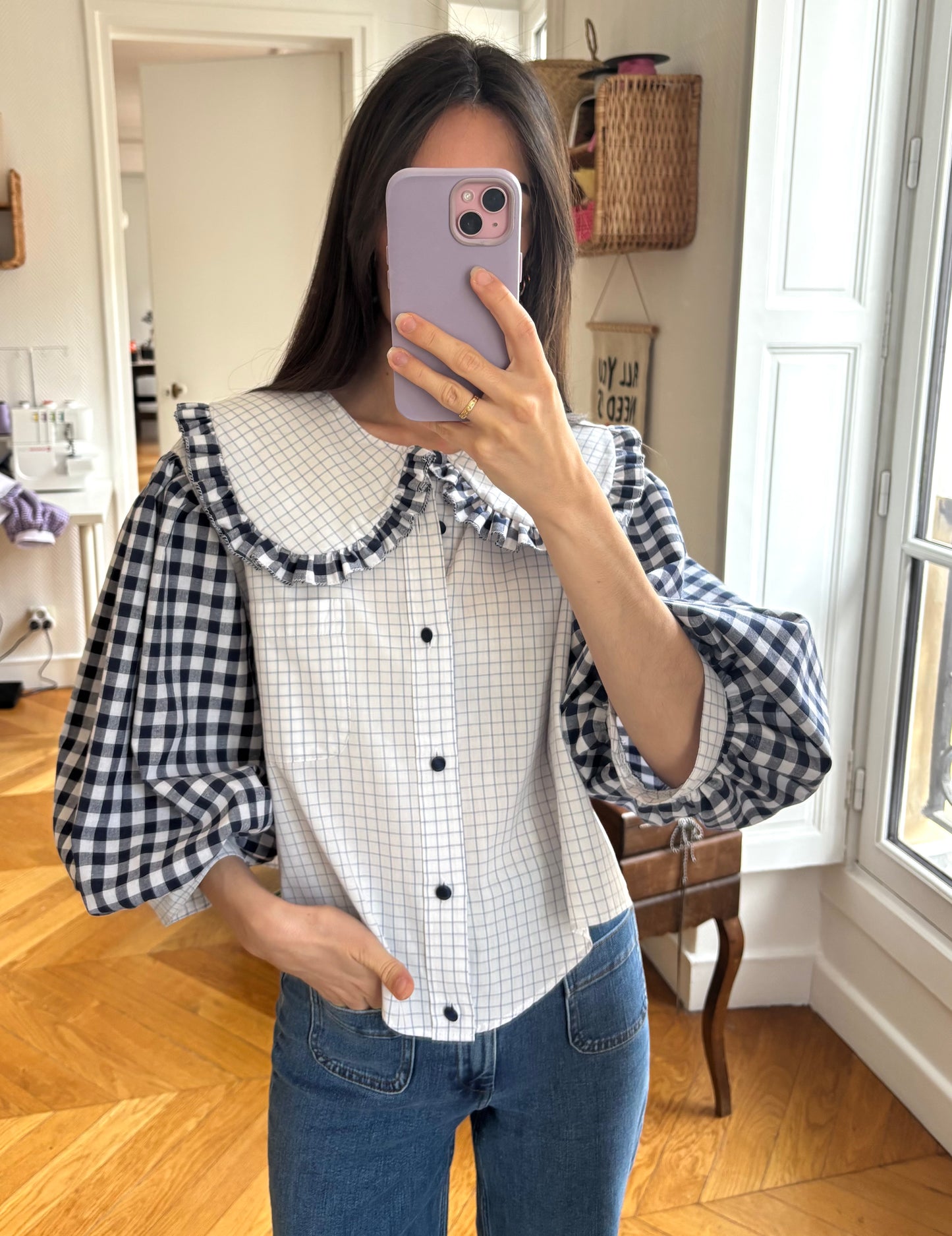 Solange col XL et manches bouffantes vichy marine crop