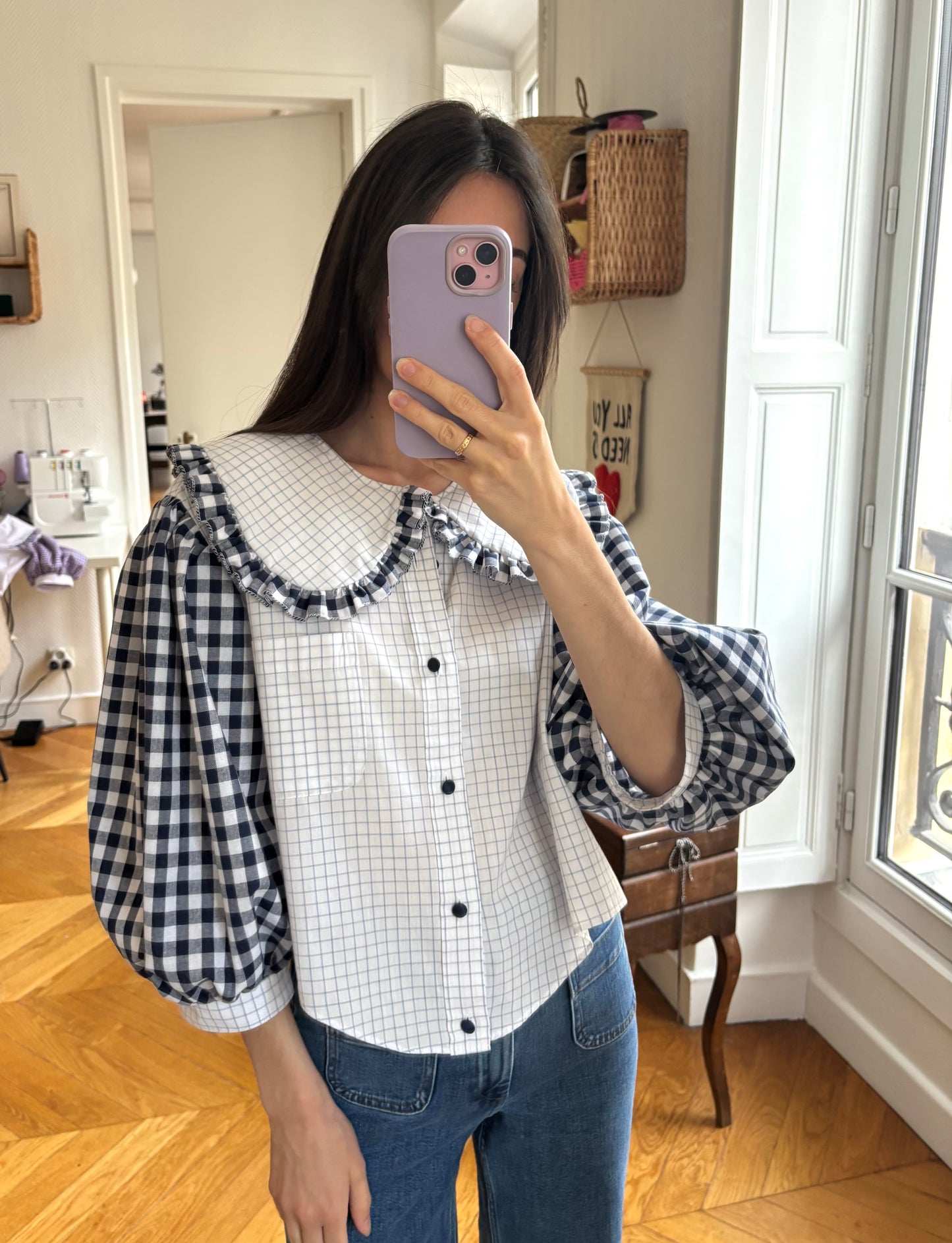 Solange col XL et manches bouffantes vichy marine crop