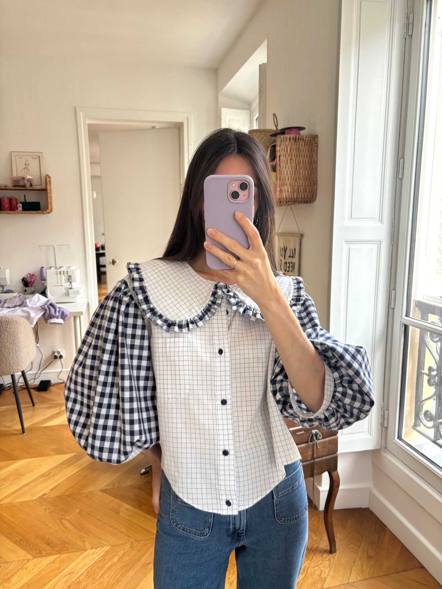 Solange col XL et manches bouffantes vichy marine crop