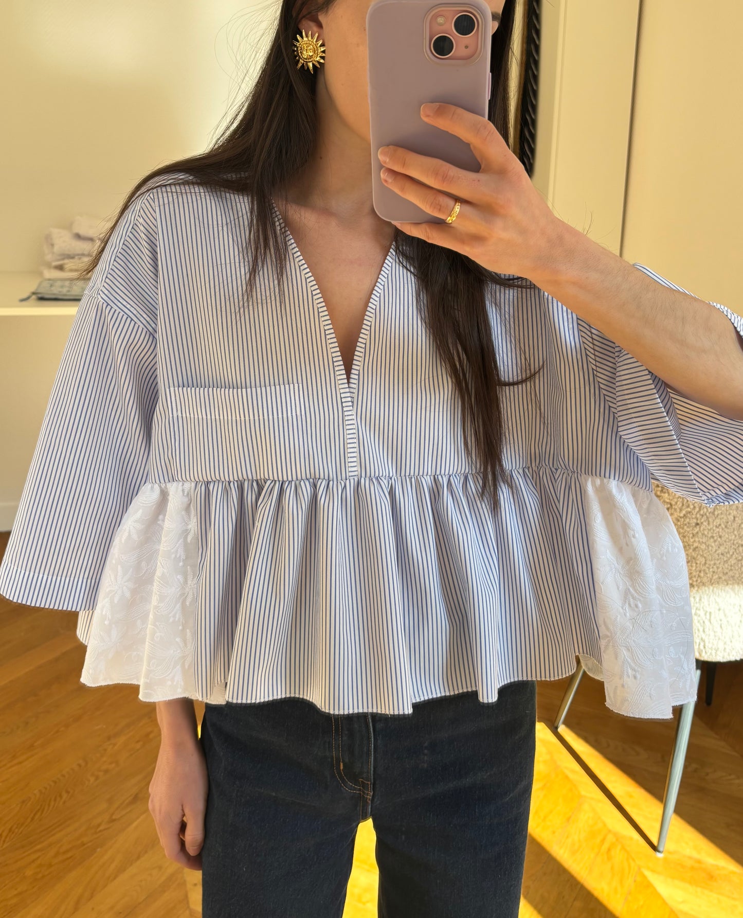 Vicky bleu rayée et broderie