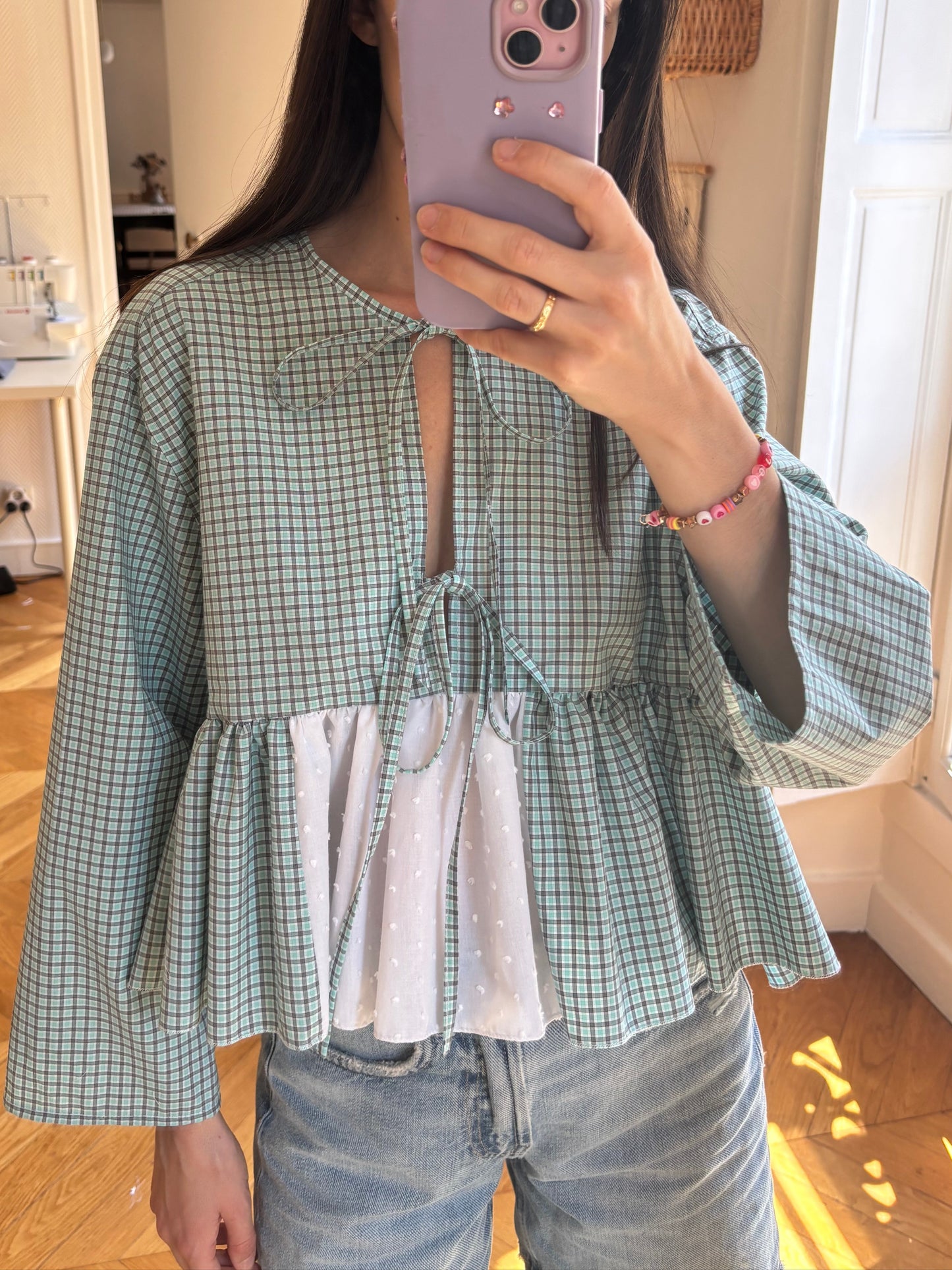 Blouse à noeuds carreaux vert d'eau