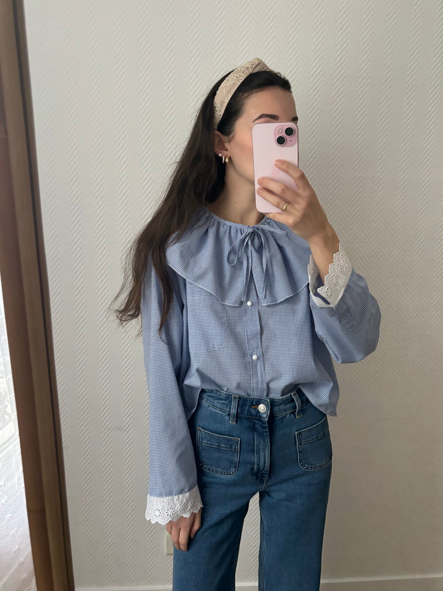 Col à volant vichy bleu ciel