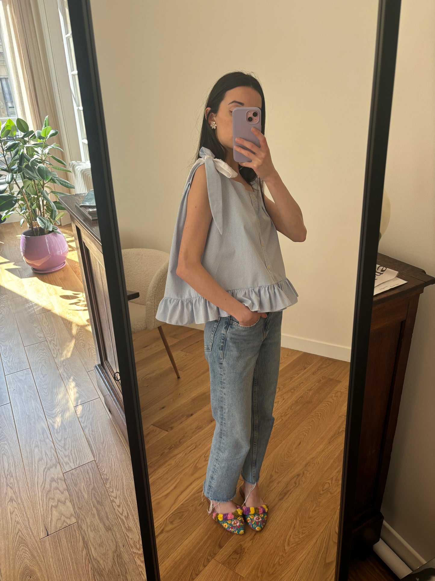 Solange top à noeuds vichy bleu