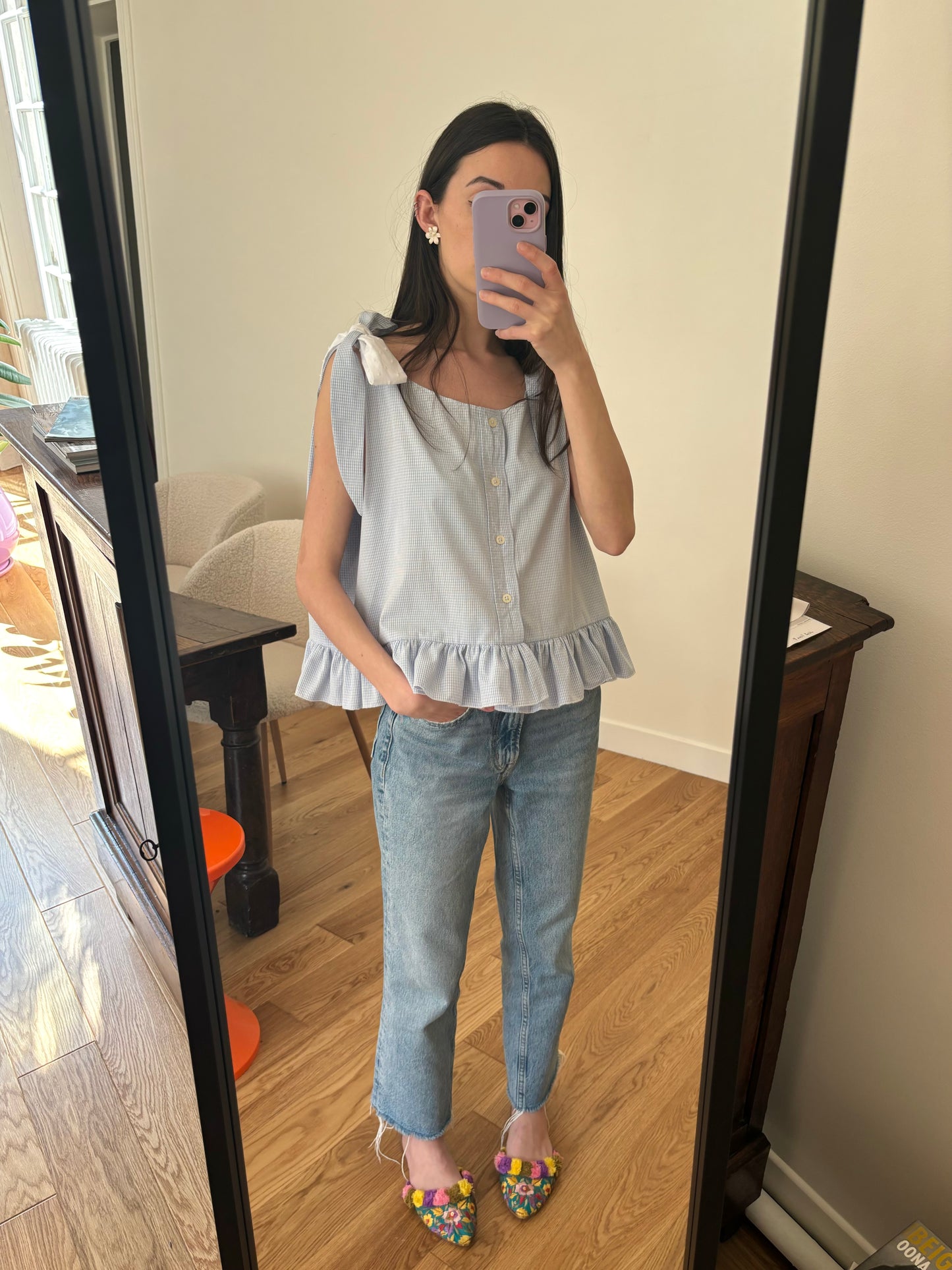 Solange top à noeuds vichy bleu