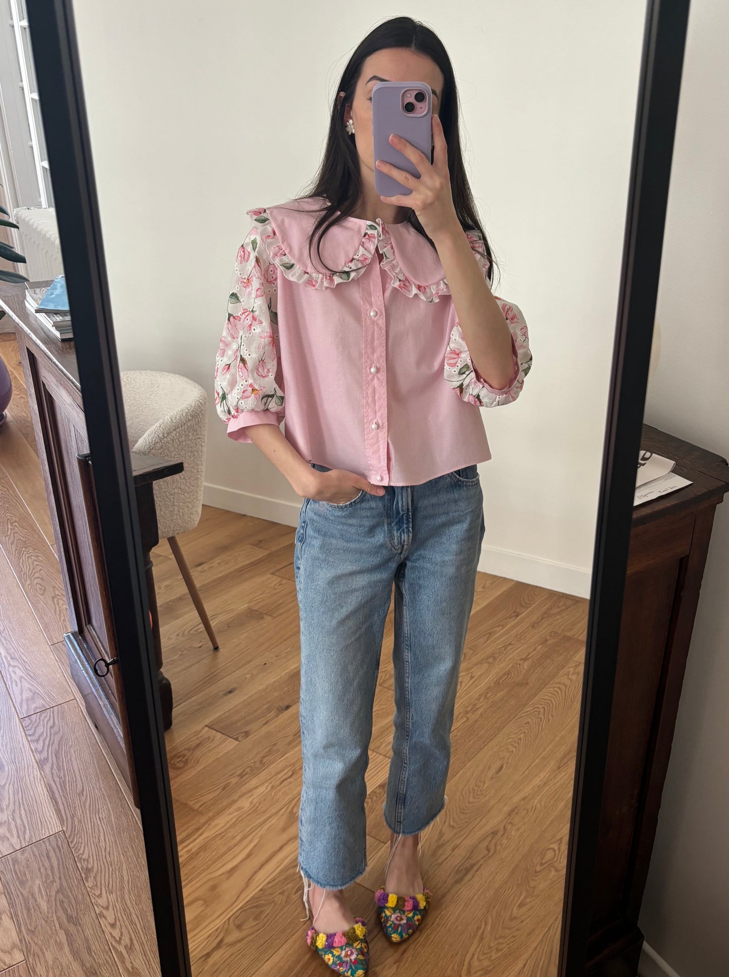 Solange col XL rose et broderie fleurie