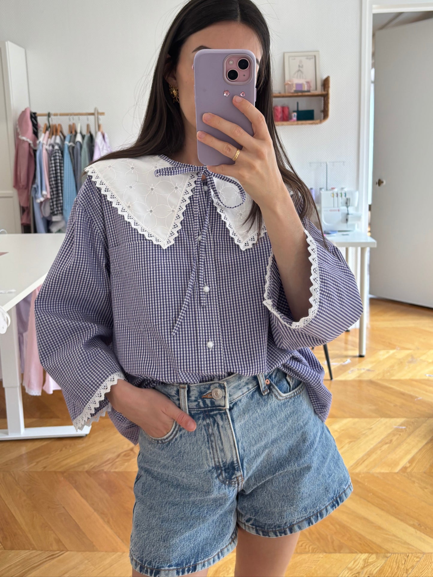 Solange col XL broderie vintage vichy violet