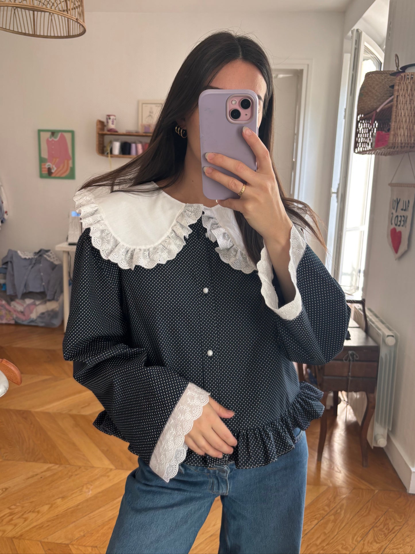 Solange col XL marine à pois