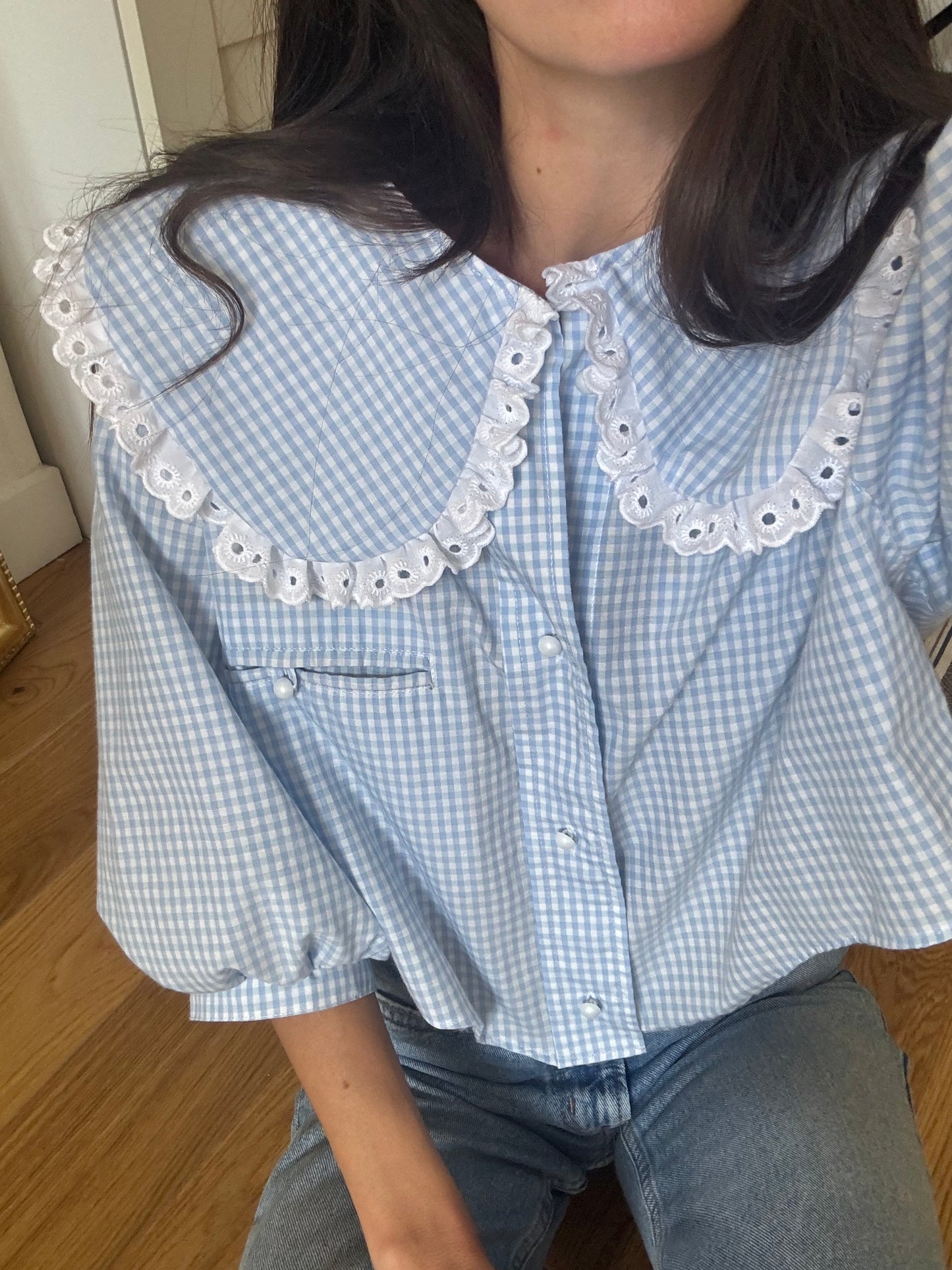 Solange à col XL vichy bleu ciel (courte)