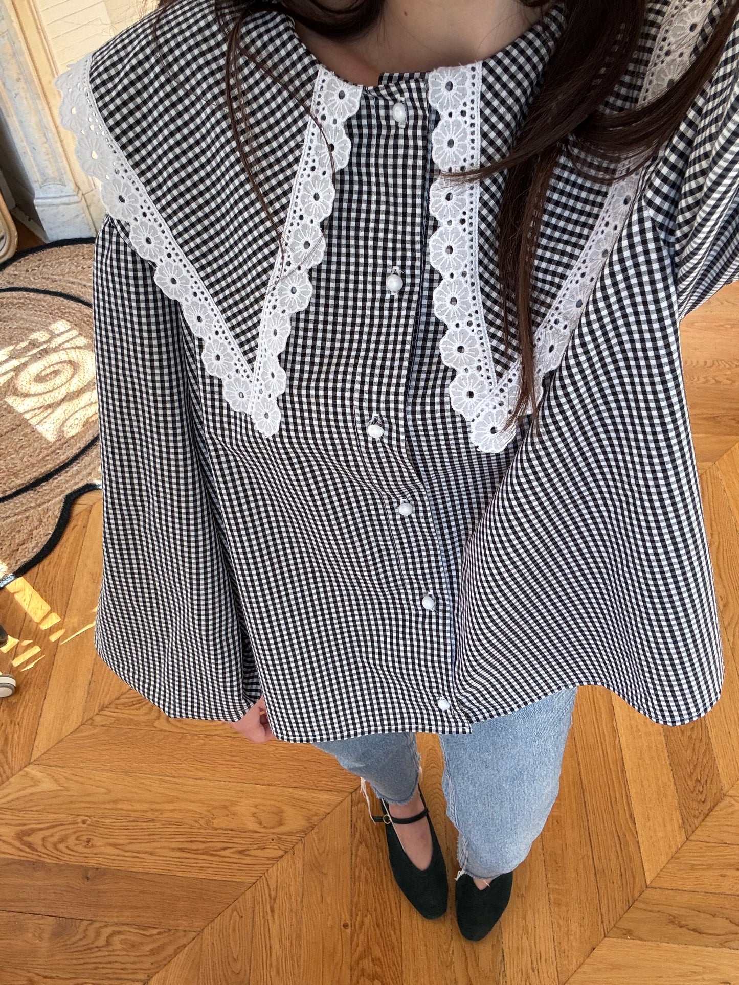 Blouse à col vichy noir et blanc (PIÈCE À LA COMMANDE)
