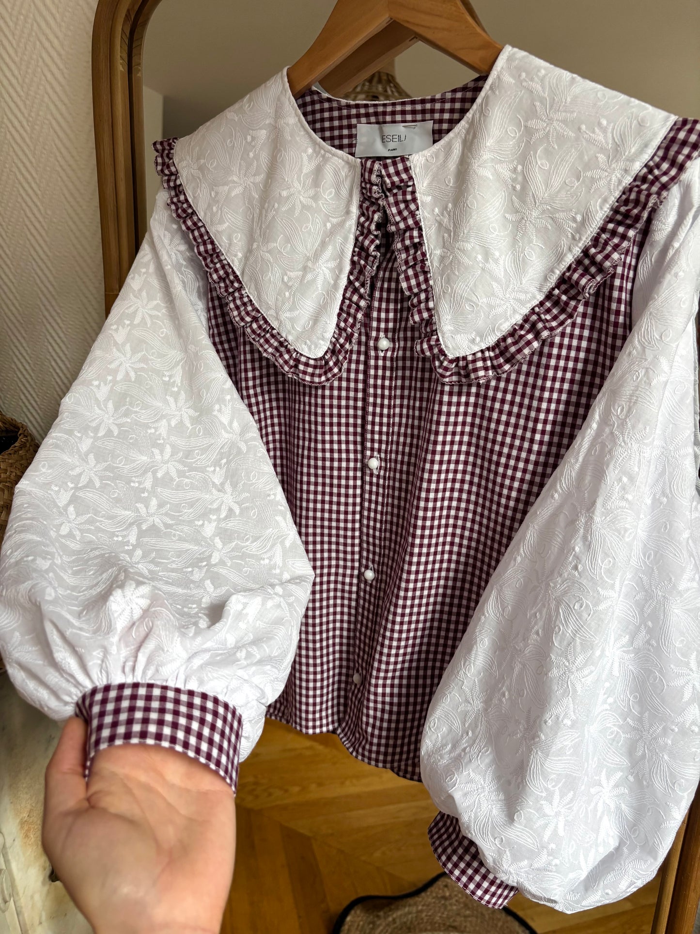 Blouse Elise vichy bordeaux et broderie anglaise