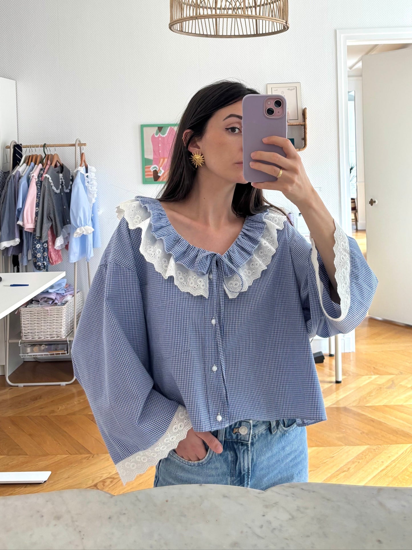 Blouse à froufrou vichy marine