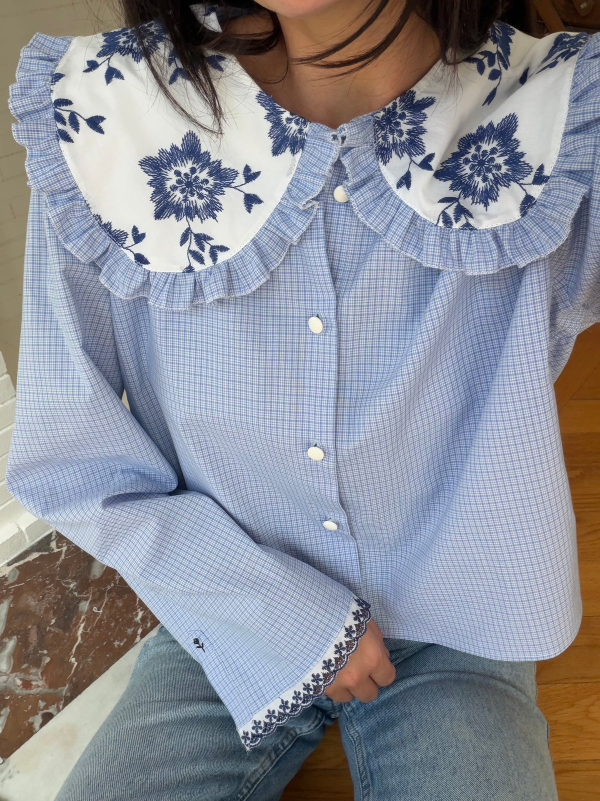 Elise col XL broderie anglaise bleue