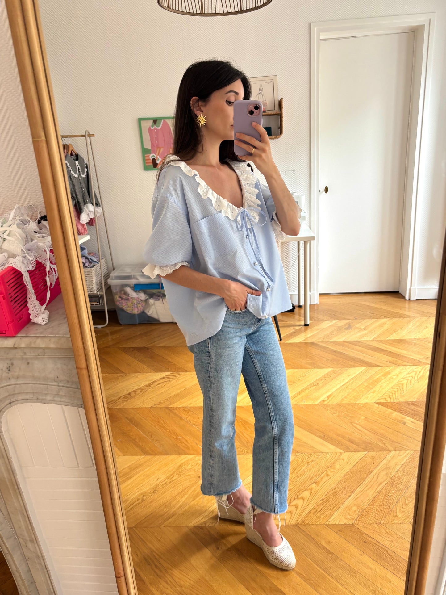 Blouse à froufrou vichy bleu ciel