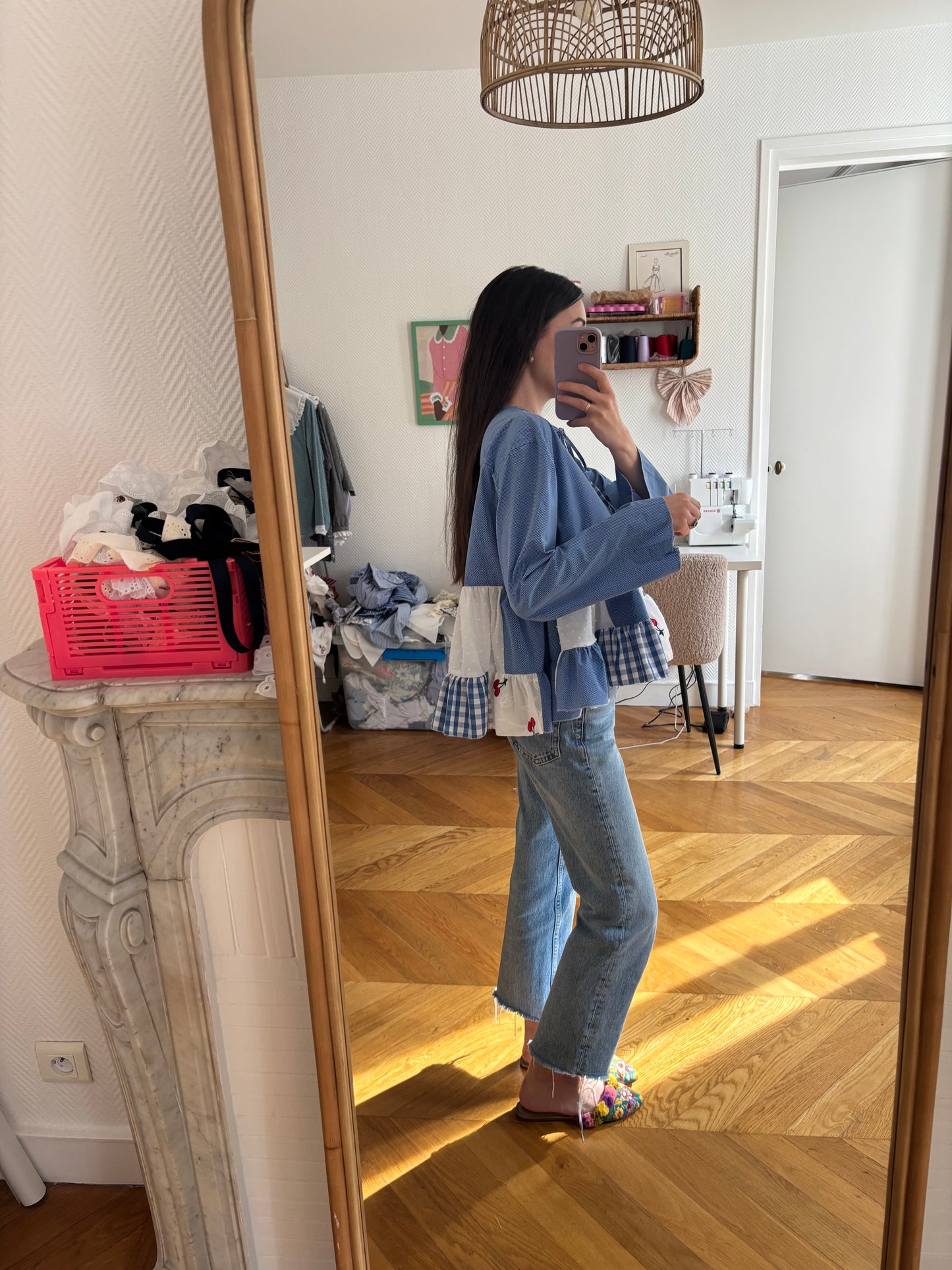 Blouse à noeuds et patchwork bleue