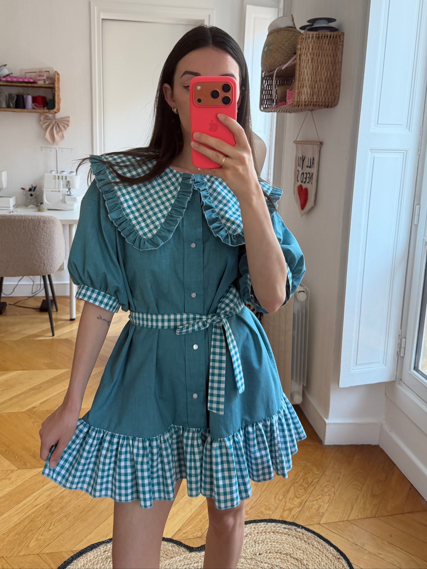 Robe babydoll vichy vert