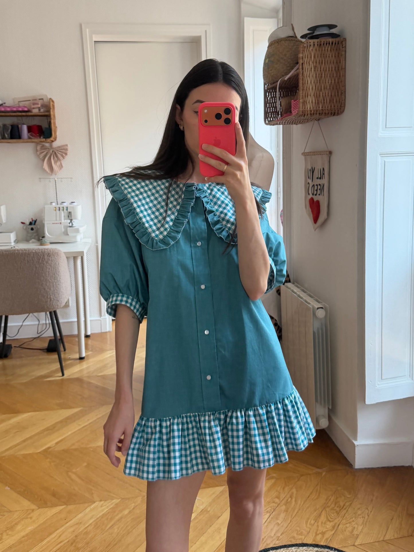 Robe babydoll vichy vert