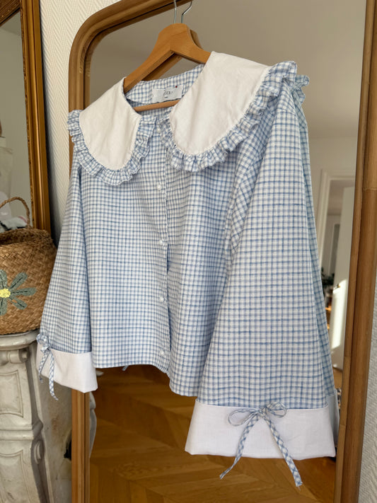 Blouse Solange à col XL bleu et blanc (made to order)