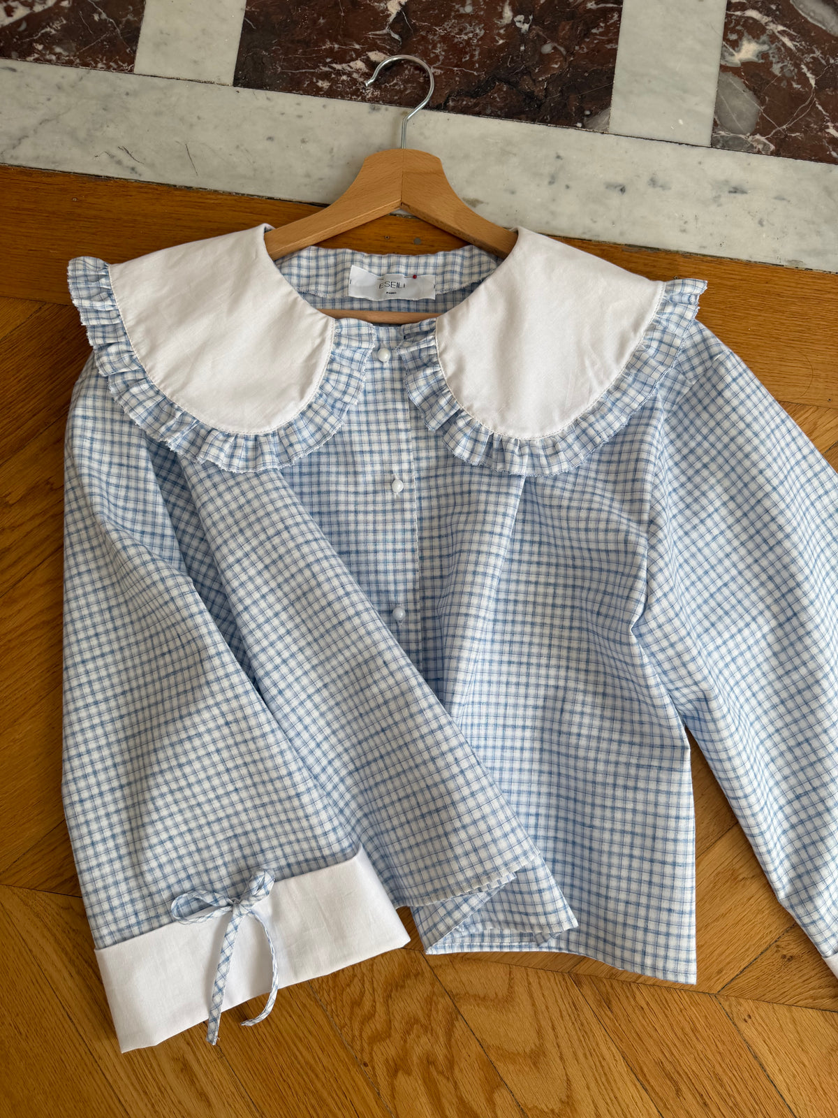 Blouse Solange à col XL bleu et blanc (made to order)