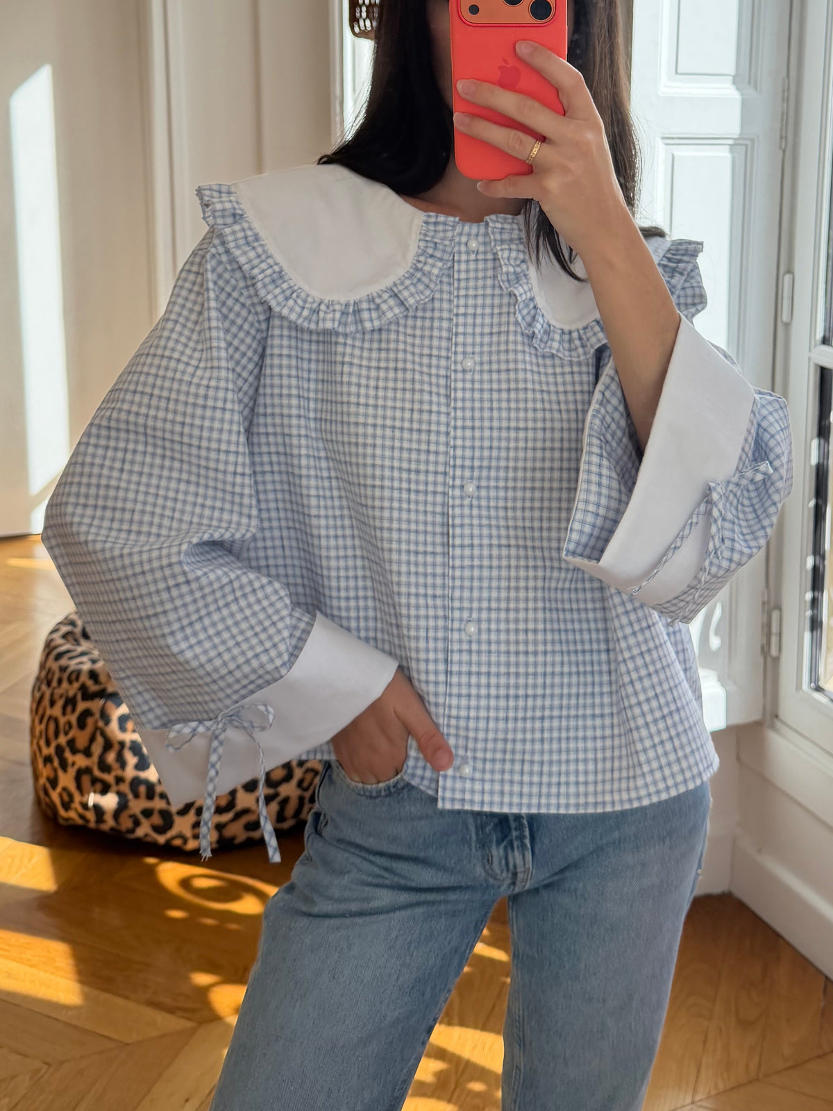 Blouse Solange à col XL bleu et blanc (made to order)