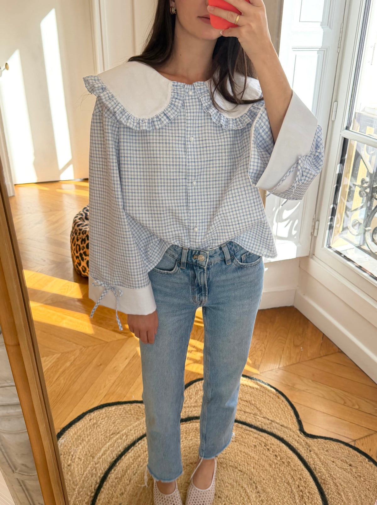 Blouse Solange à col XL bleu et blanc (made to order)