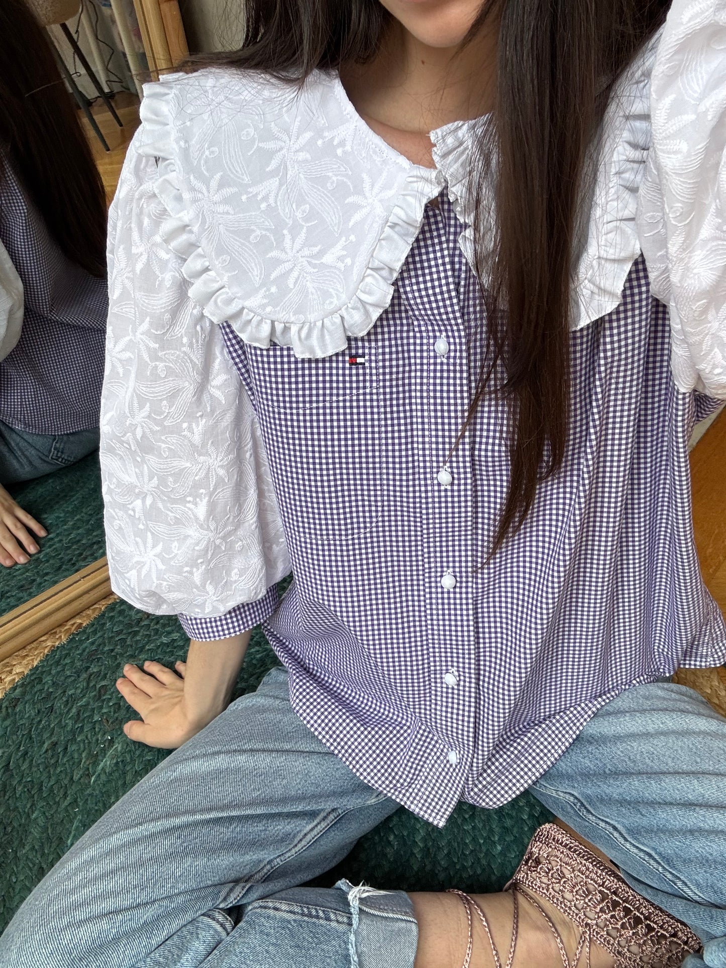 Broderie anglaise manches bouffantes vichy violet