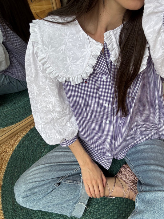 Broderie anglaise manches bouffantes vichy violet