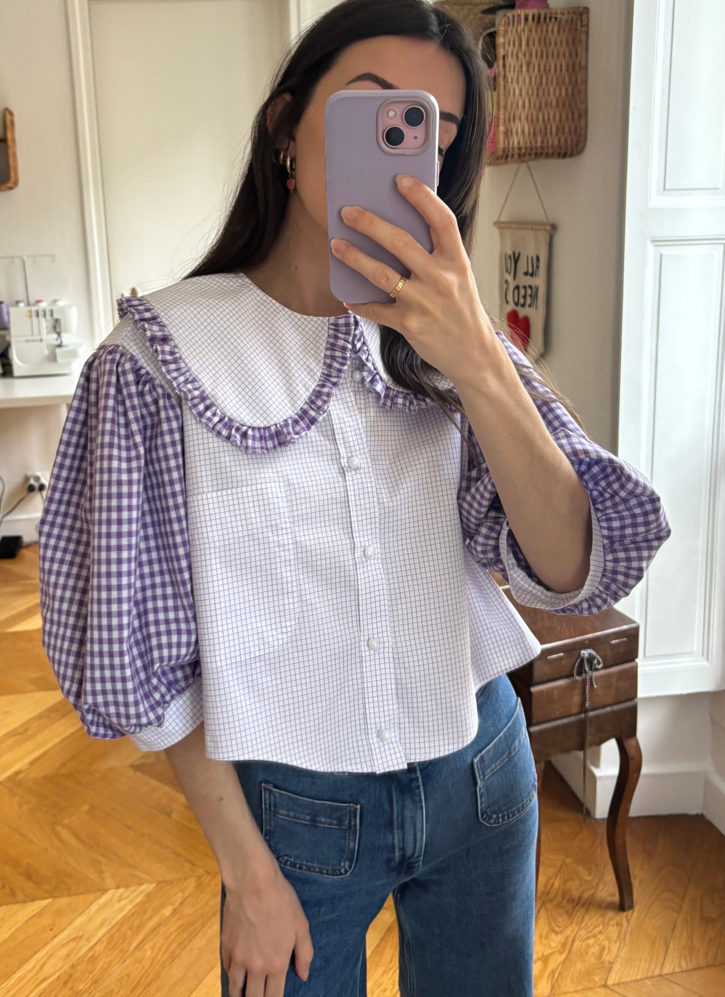 Solange col XL et manches bouffantes violette crop