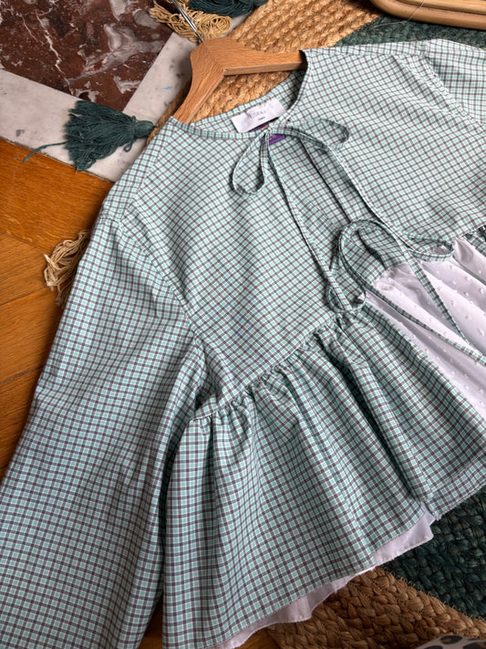 Blouse à noeuds carreaux vert d'eau