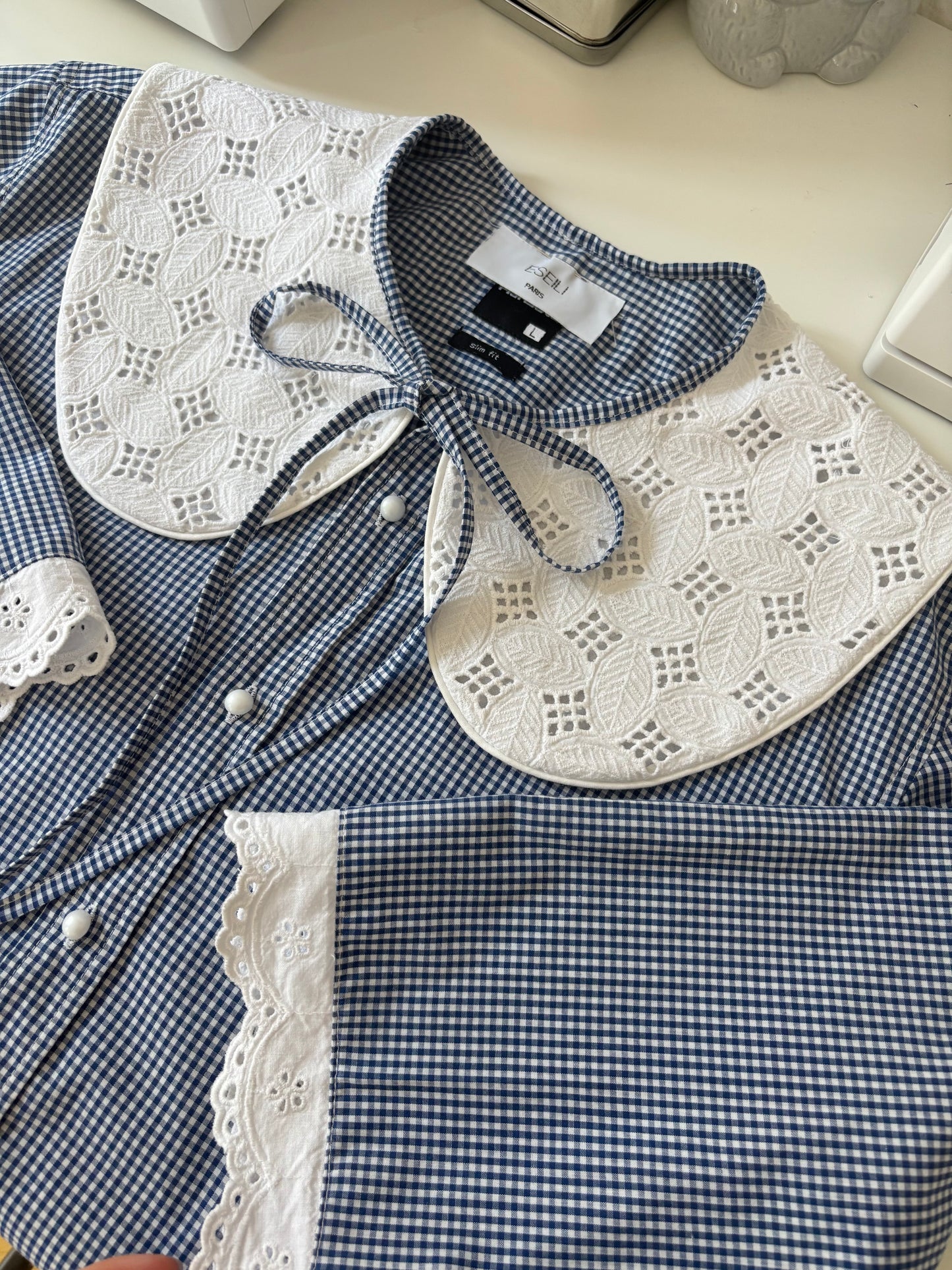 Solange col XL broderie vintage vichy bleu