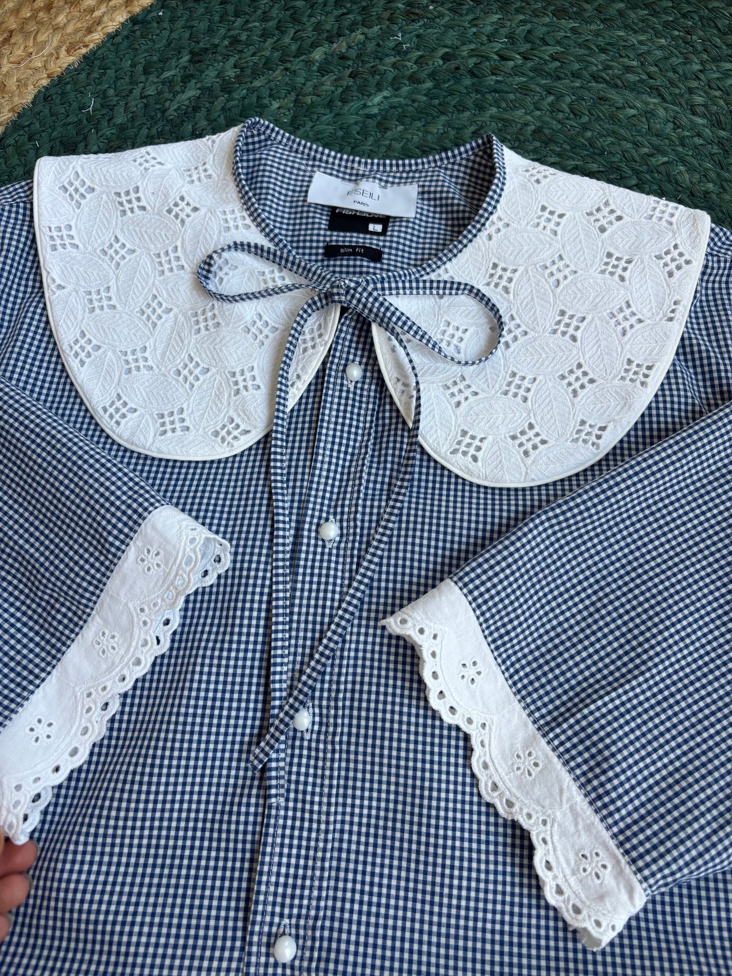 Solange col XL broderie vintage vichy bleu