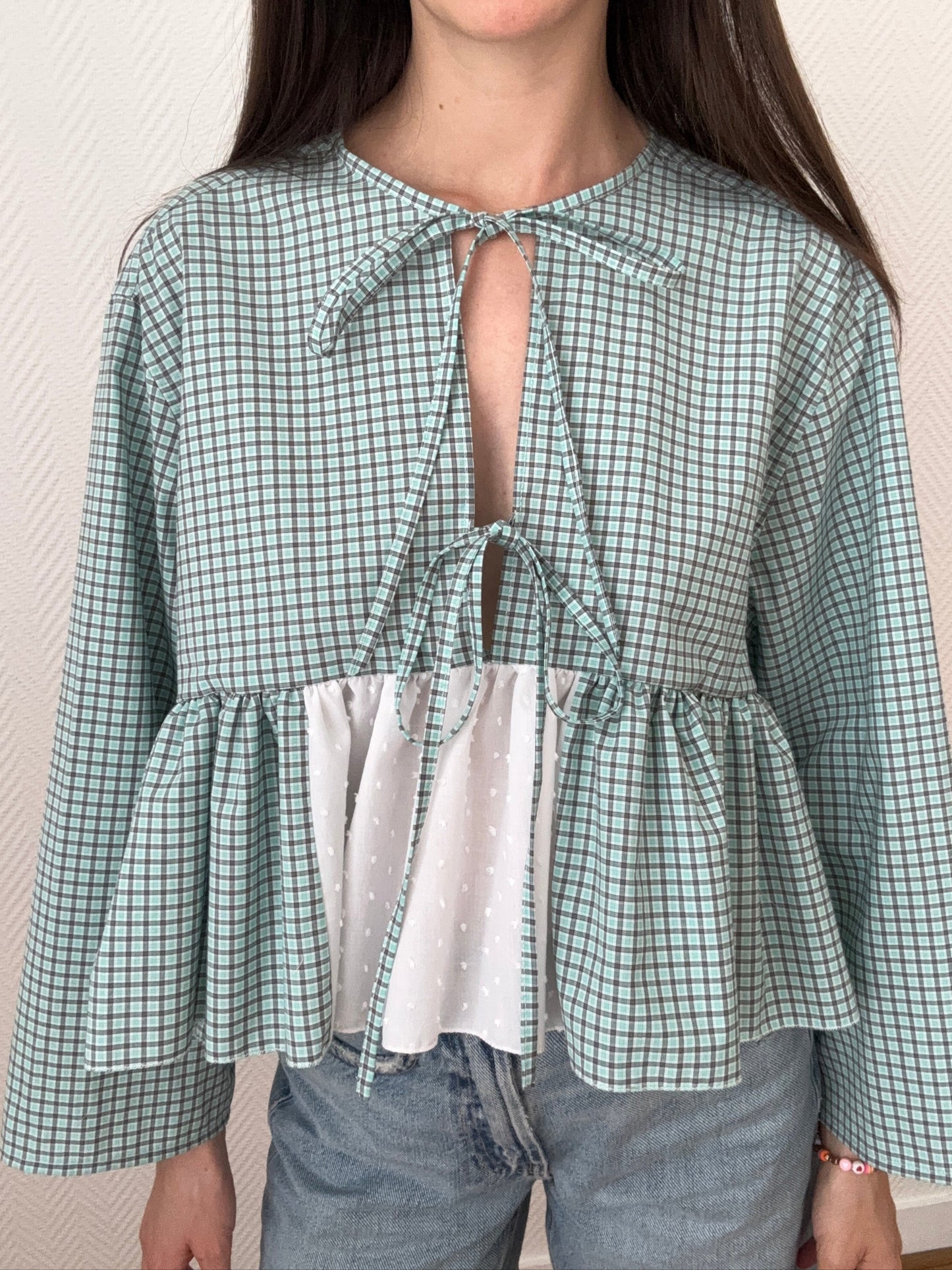 Blouse à noeuds carreaux vert d'eau