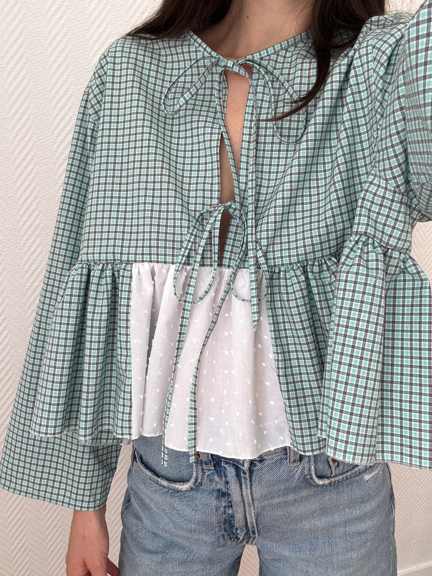 Blouse à noeuds carreaux vert d'eau