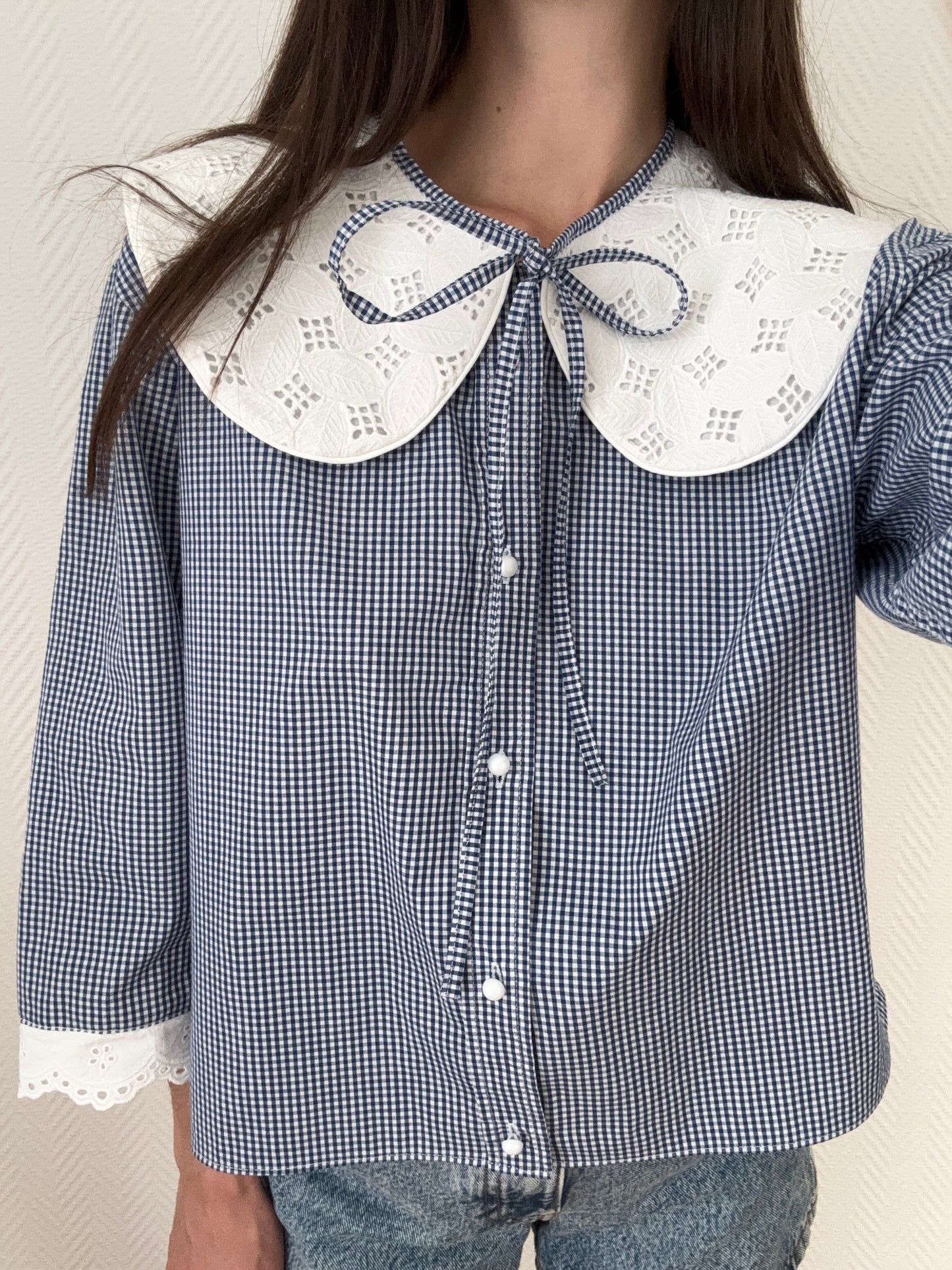 Solange col XL broderie vintage vichy bleu