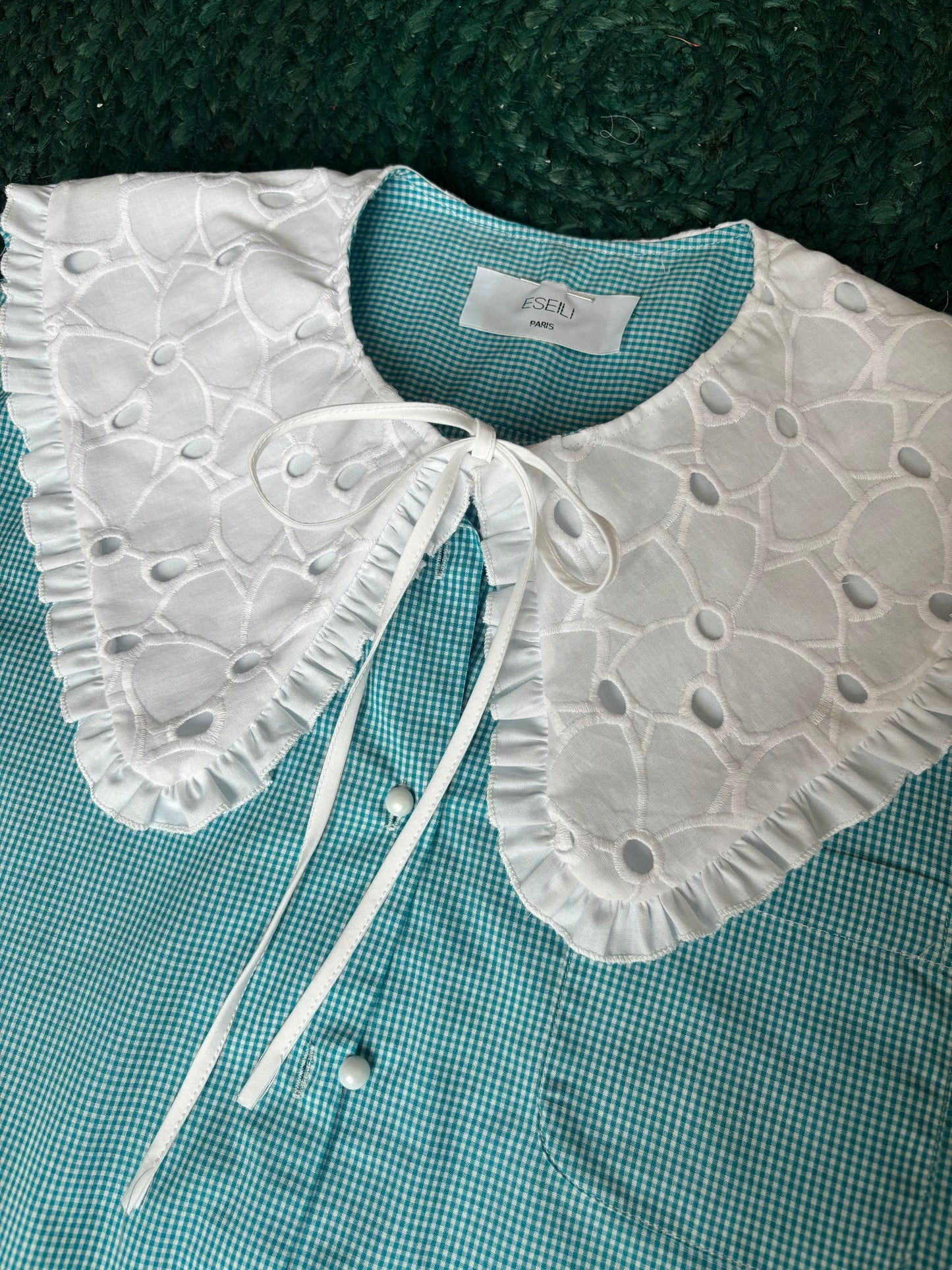 Solange col XL et broderie anglaise vichy turquoise