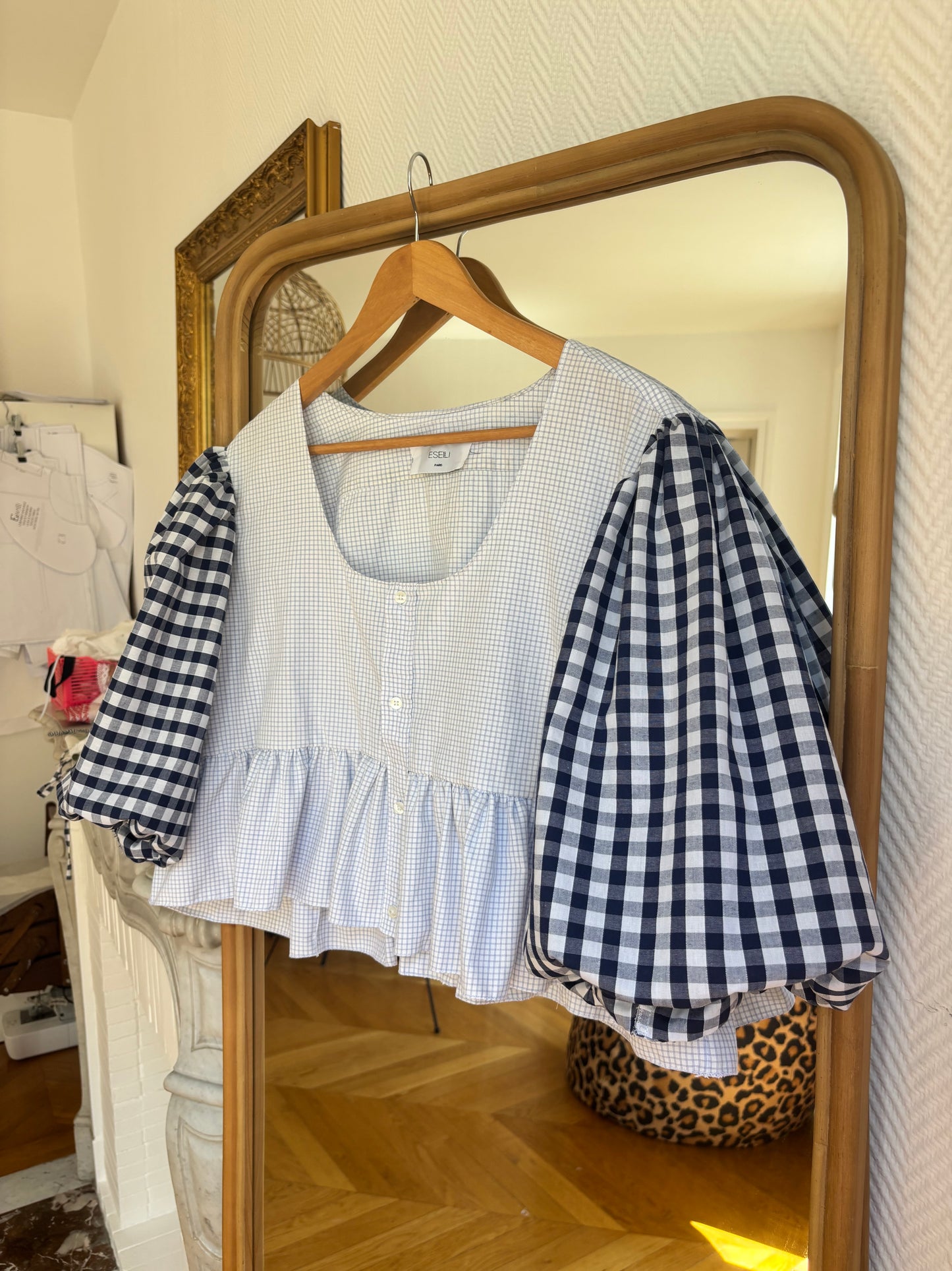 Blouse vichy bleu manches bouffantes
