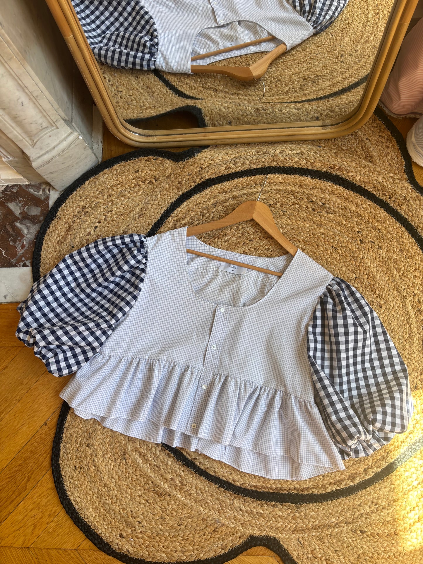 Blouse vichy bleu manches bouffantes