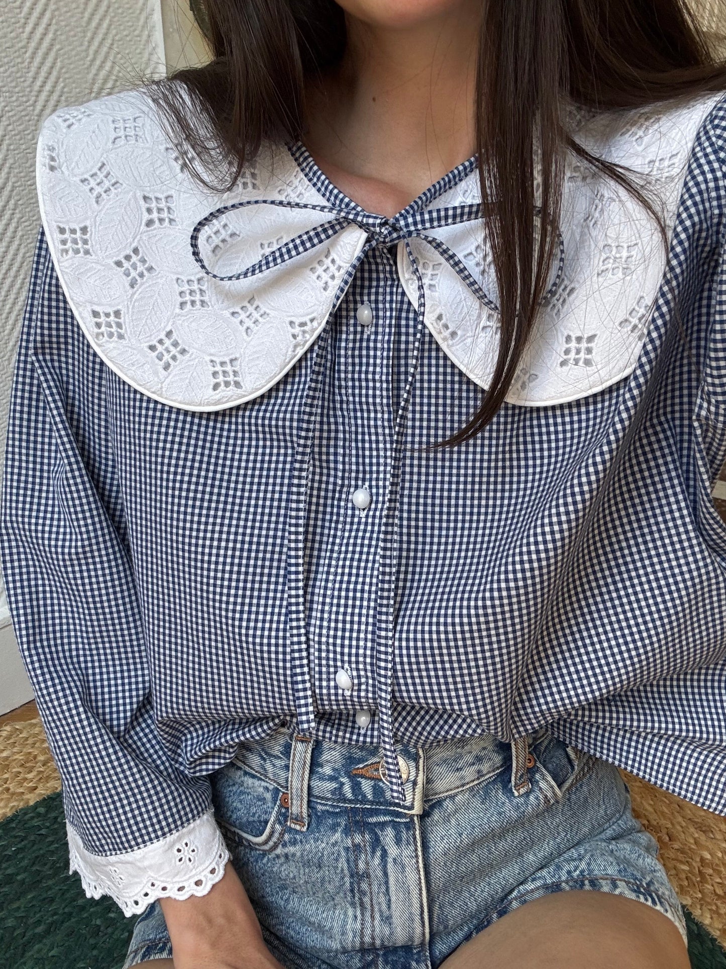 Solange col XL broderie vintage vichy bleu