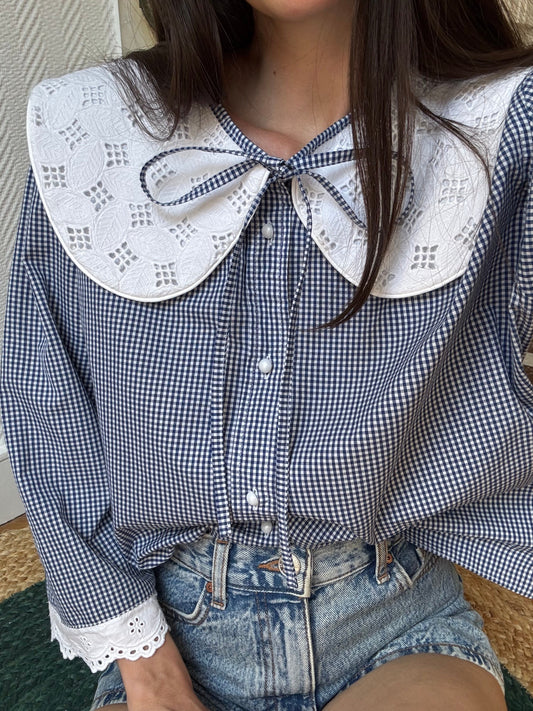 Solange col XL broderie vintage vichy bleu