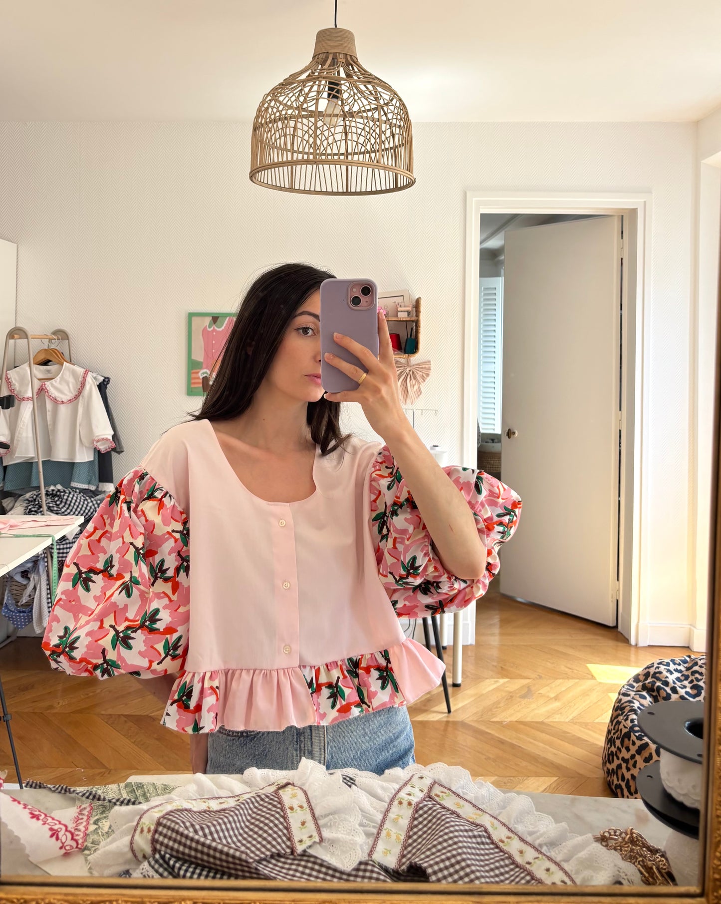 Blouse rose et fleurs manche bouffantes