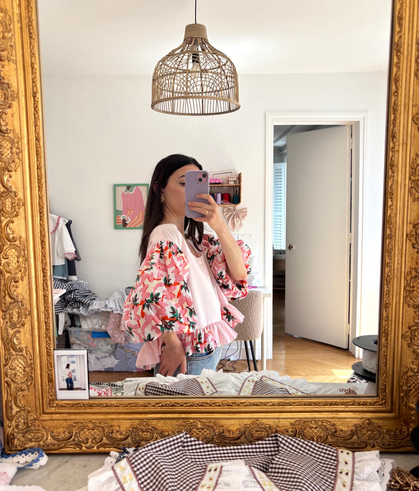 Blouse rose et fleurs manche bouffantes