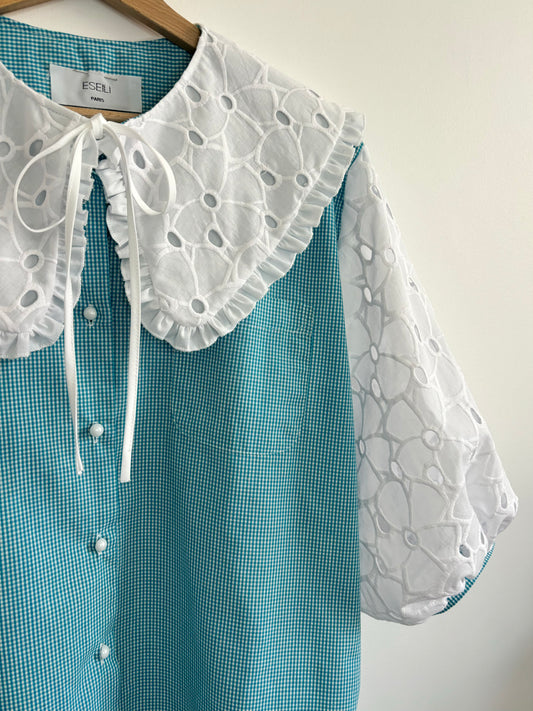 Solange col XL et broderie anglaise vichy turquoise