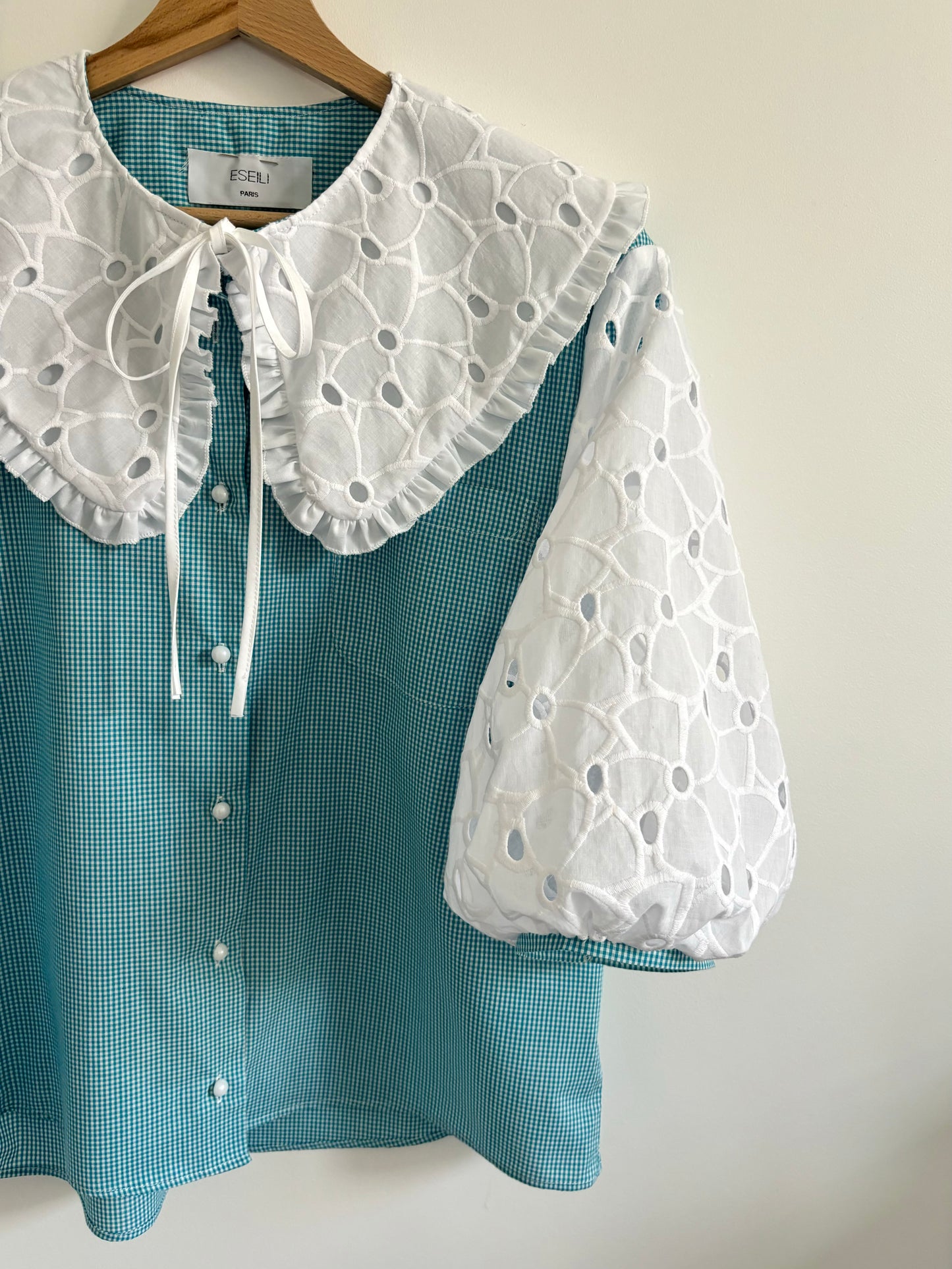 Solange col XL et broderie anglaise vichy turquoise