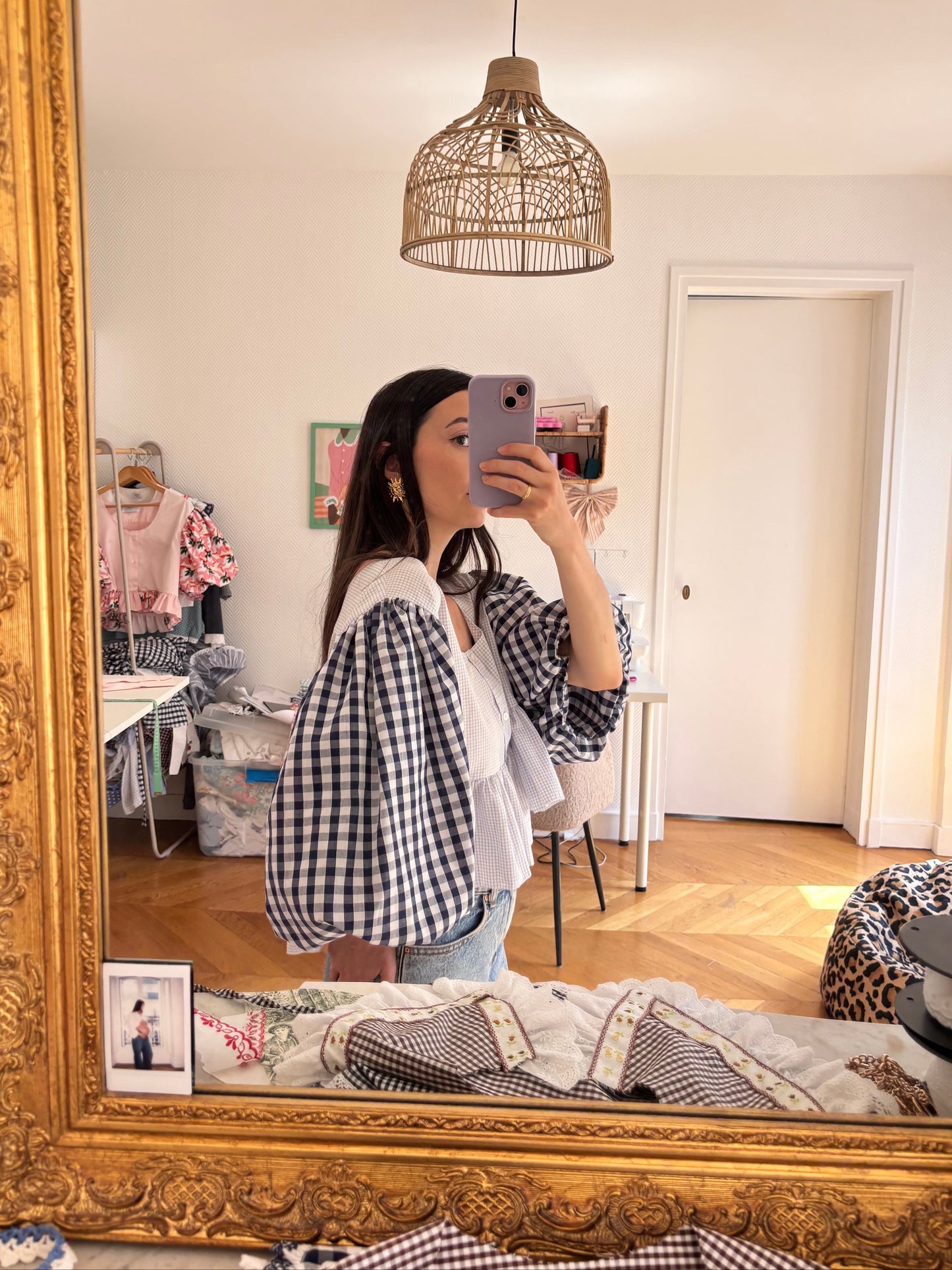 Blouse vichy bleu manches bouffantes