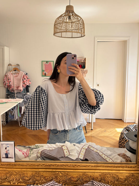 Blouse vichy bleu manches bouffantes