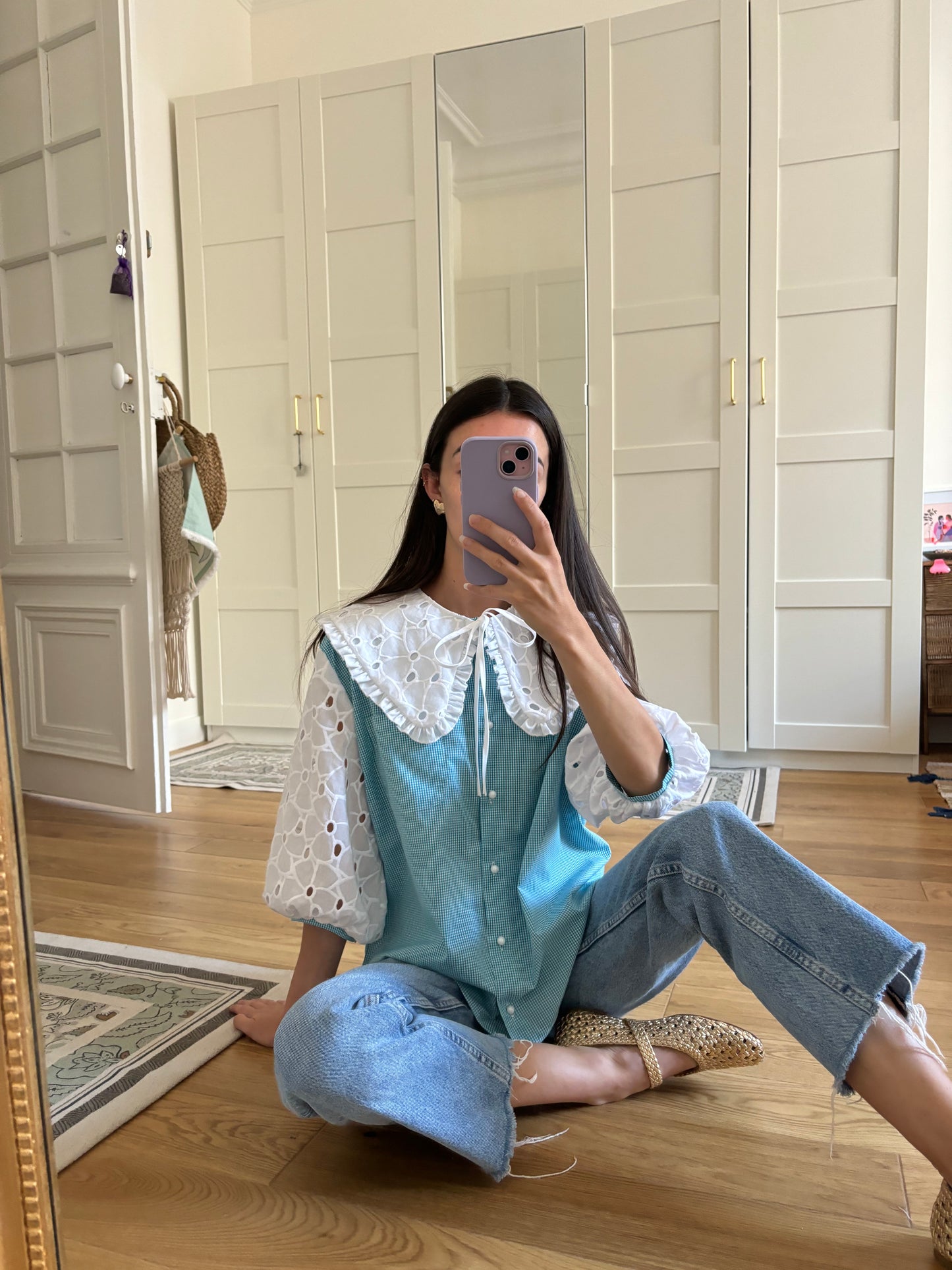 Solange col XL et broderie anglaise vichy turquoise