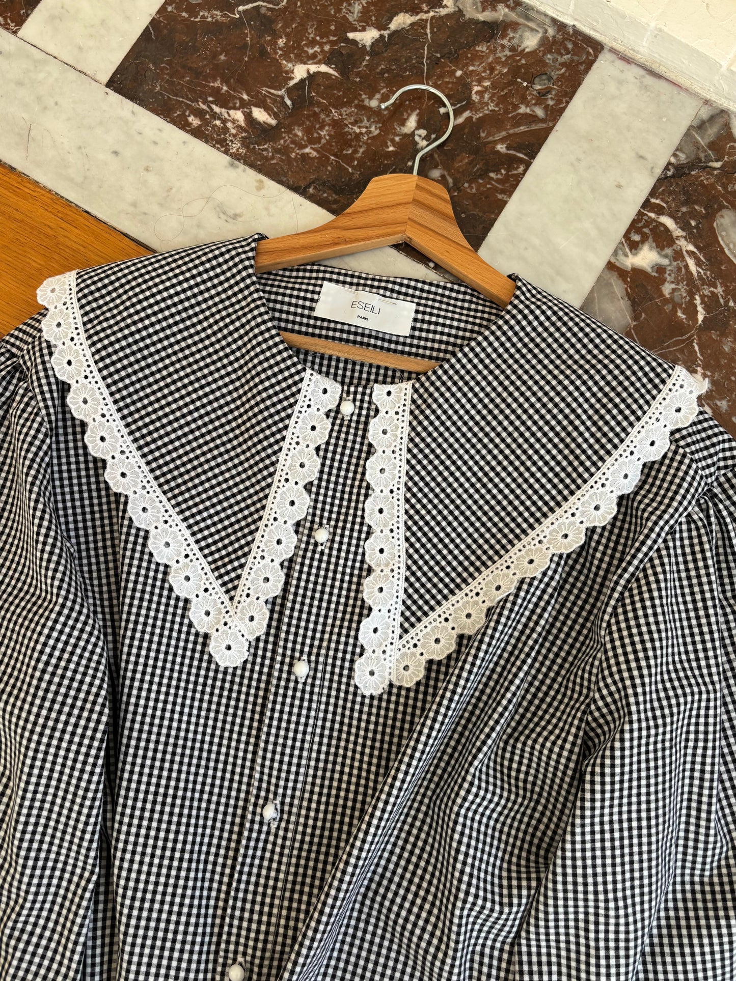 Blouse à col vichy noir et blanc (PIÈCE À LA COMMANDE)